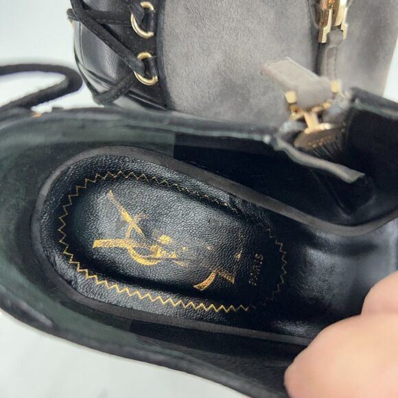 Saint Laurent Madge Suede Wedge Boots Women's Size 36 6 Gray Platform Lace Up - Picture 15 of 16